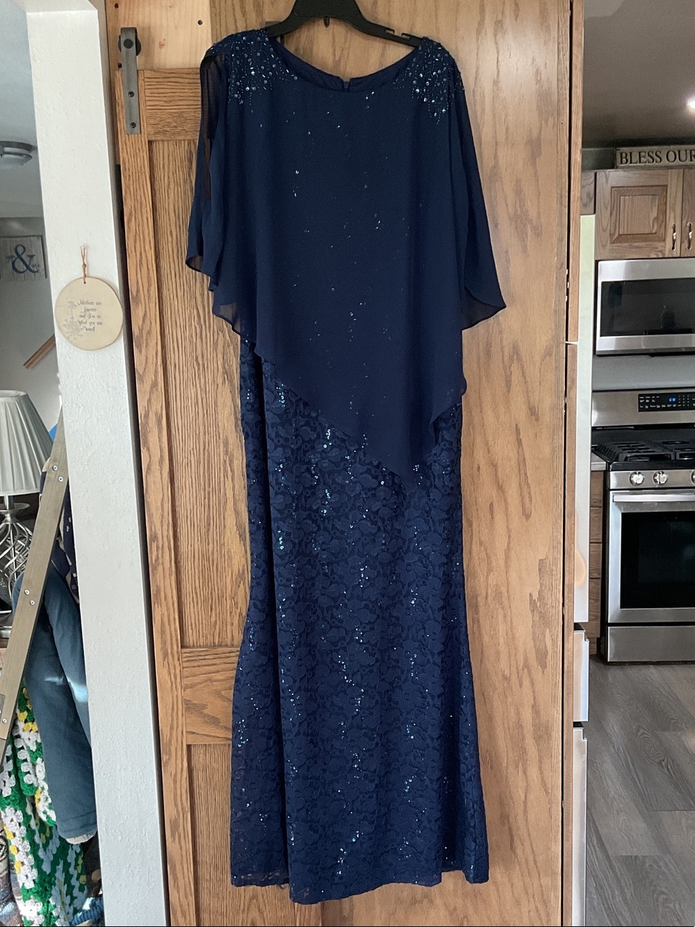 SLNY Navy Sequined Lace & Chiffon Maxi Dress